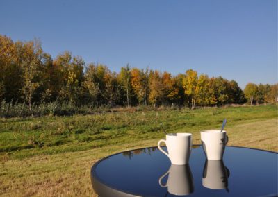 Kaffee trink mit Blick auf Wiese und Wald